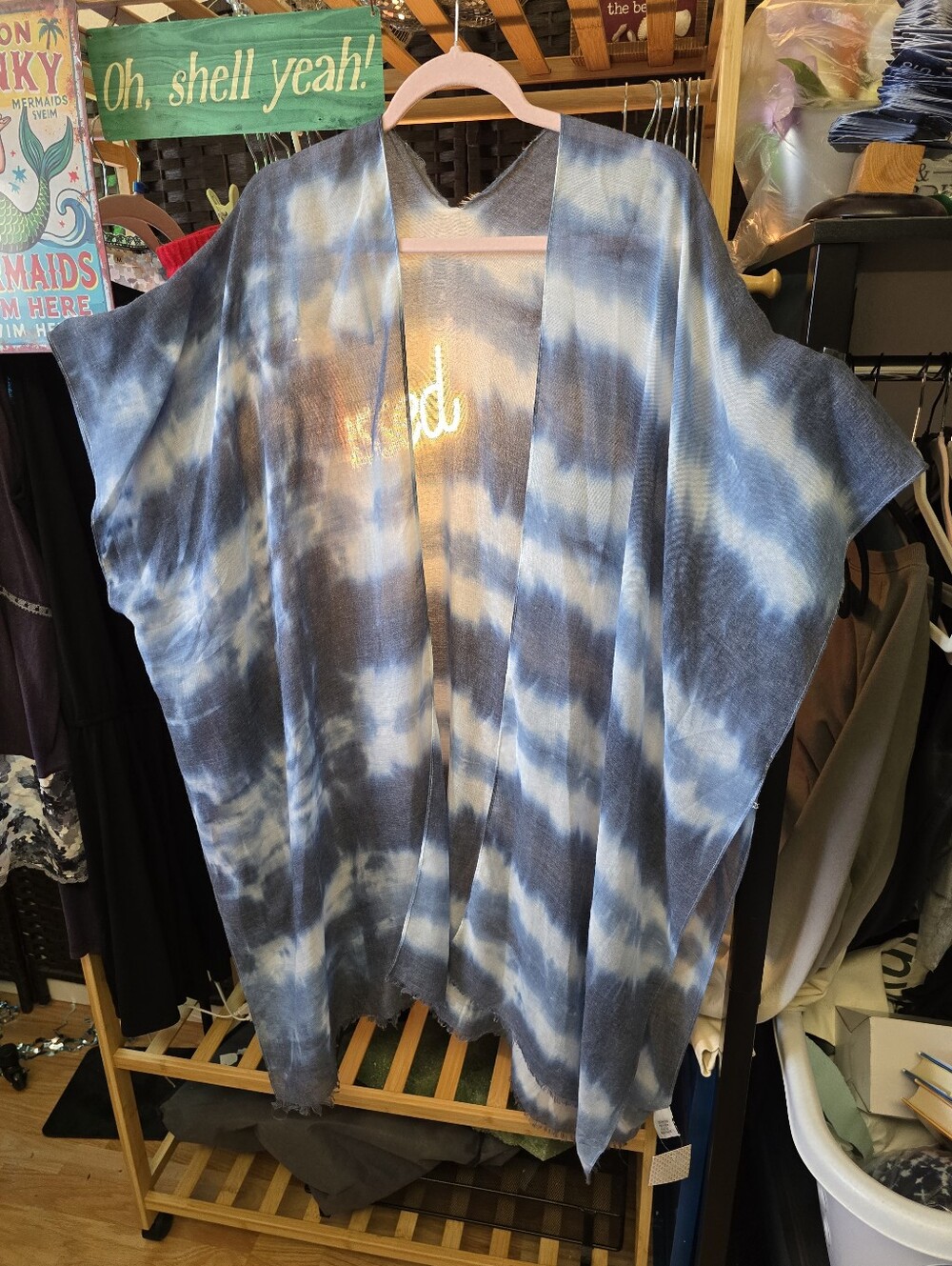 #0688 NWT One Size Boutique Open Kimono  Blues 35"PTP 39"Long Raw Hem
